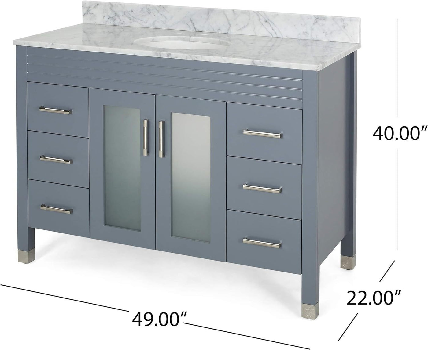 49'' Bathroom Vanity with Marble Top & Ceramic Sink, 2 Doors with Glass, 6 Drawers, Gray