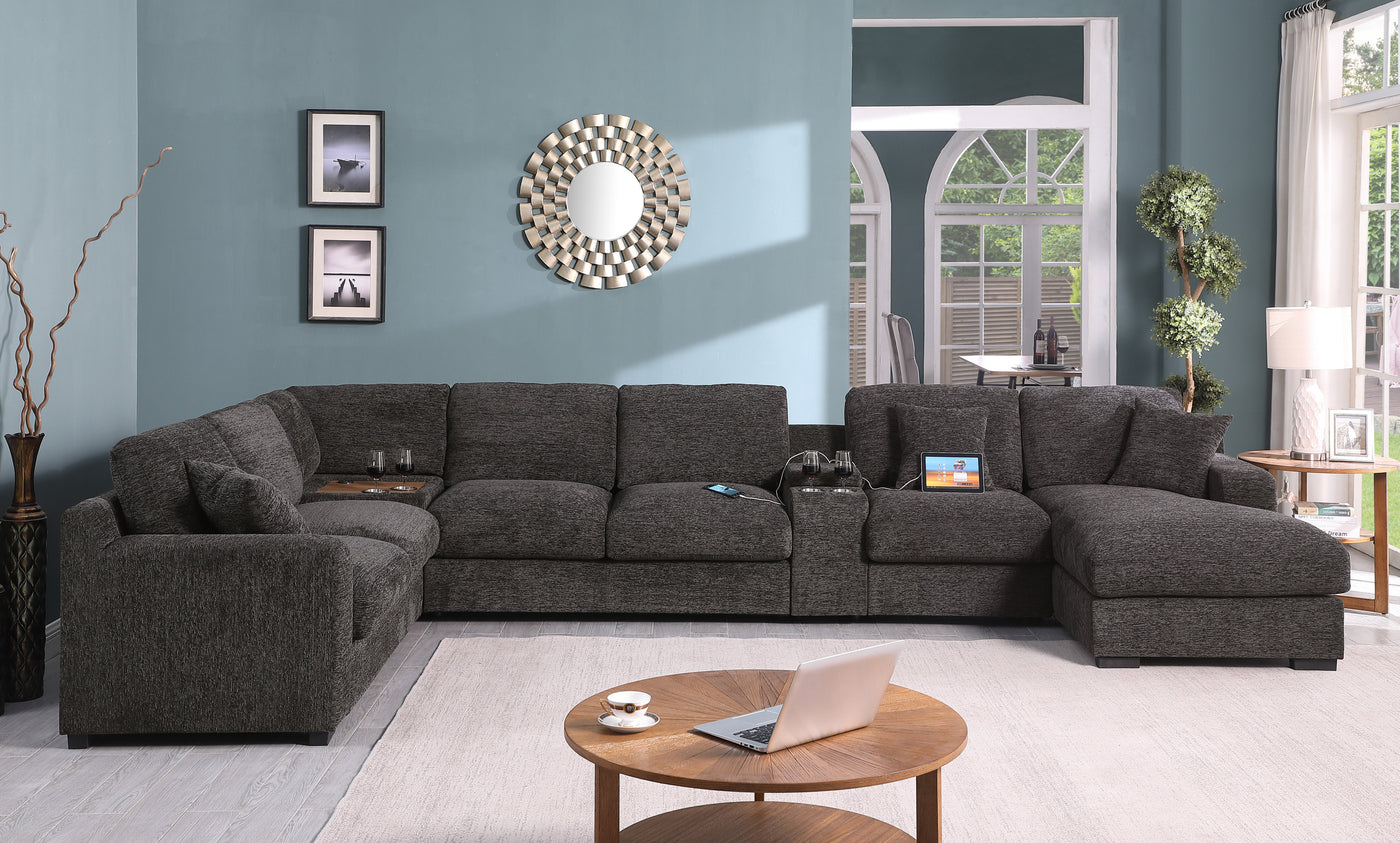 Celine 141.5" Gray Chenille Fabric Corner Sectional Sofa with Right-Facing Chaise, Cupholders, and Charging Ports