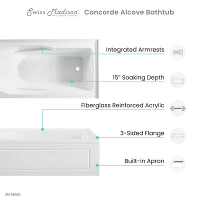 Swiss Madison Concorde 60" x 32" Acrylic Glossy White, Alcove, Integral, Right-Hand Drain, Apron Bathtub SM-AB560