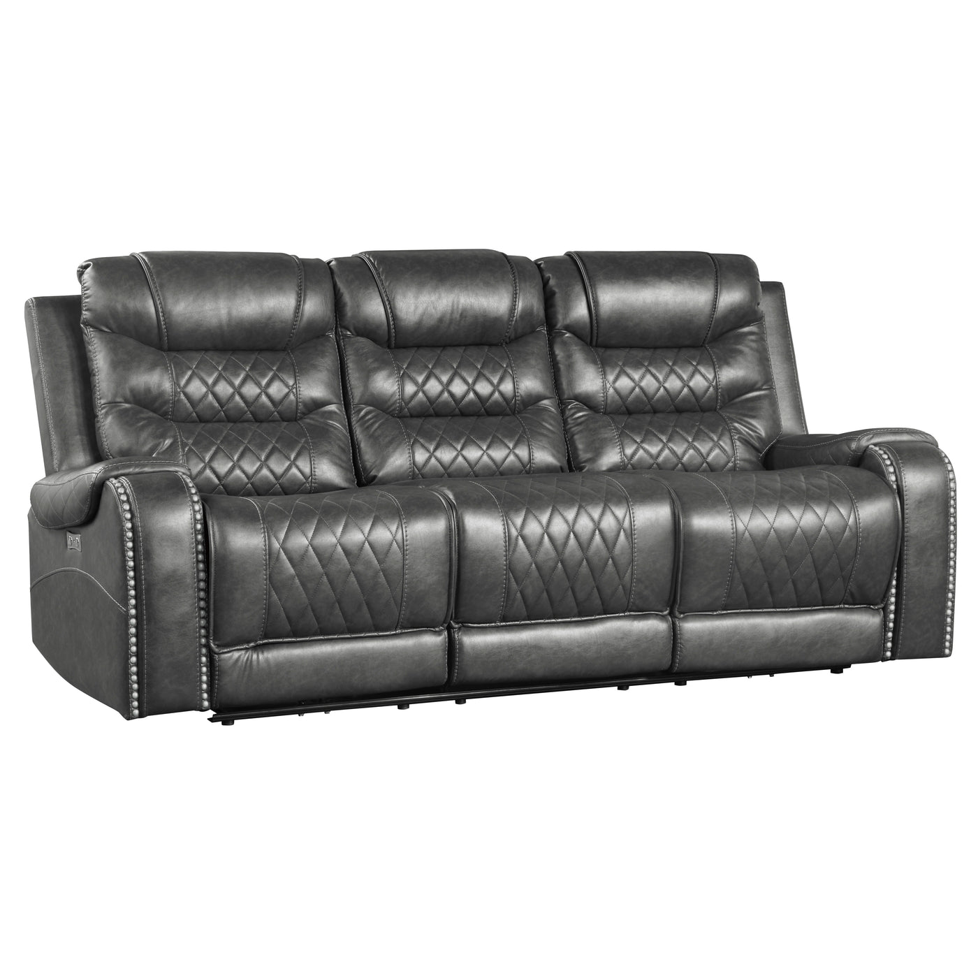 Luxurious Living Room Furniture 2pc Power Reclining Sofa Set Gray Breathable Faux Leather Upholstery Center Drop-Down Cup Holders, Power Outlets, USB Ports, Diamond Pattern Stitching