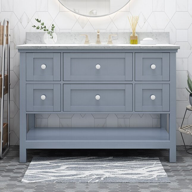 49'' Bathroom Vanity with Marble Top & Ceramic Sink, Open Shelf, 5 Drawers, Gray (Same as N759S999002E)