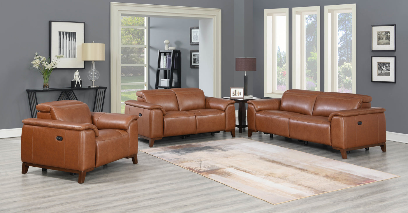 Dual-Power Leather Reclining Sofa - Articulating Power Headrest, Padded Armrest - Coach Colored, Luxurious Comfort