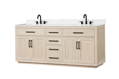 80" Bathroom Vanity with Double Sink, Freestanding Modern Bathroom Vanity with Soft-Close Cabinet and 3 Drawers, Solid Wood Bathroom Storage Cabinet with Quartz Countertop, Milk Oak