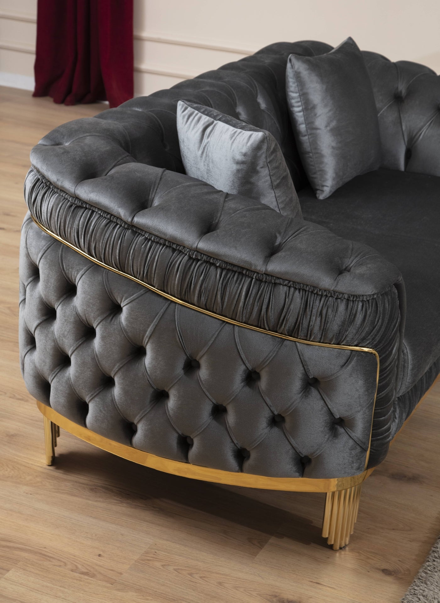 Vanessa 2 PC Livingroom Set in Grey and Gold with Fabric button-tufted velvet upholstery Finish