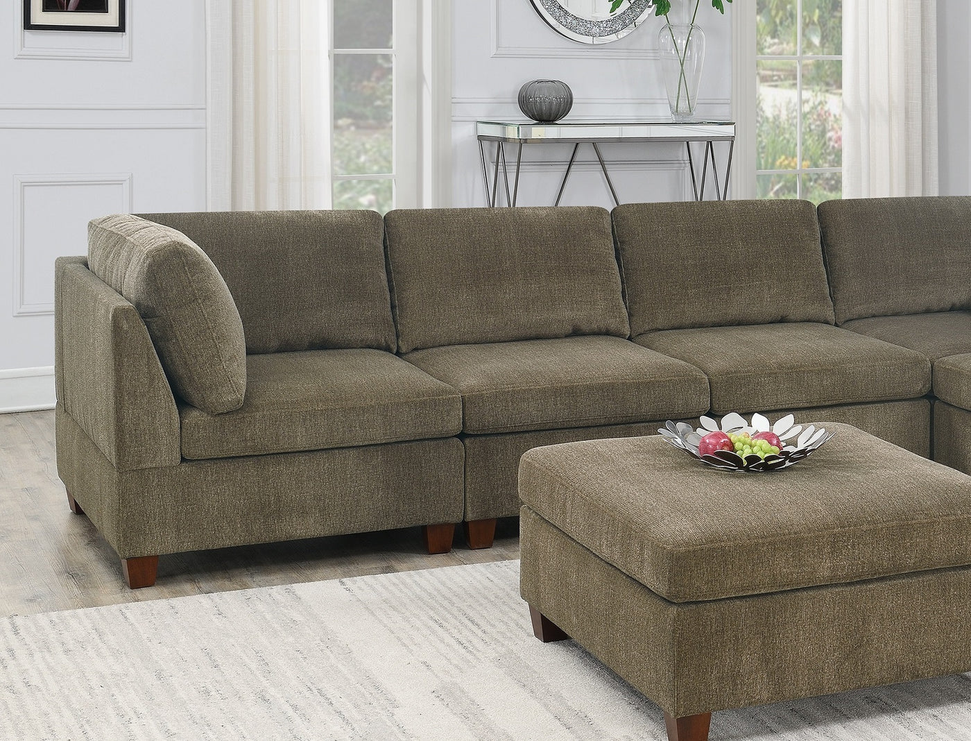 Living Room Furniture Tan Chenille Modular Sectional 8pc Set L-Sectional Modern Couch 2x Corner Wedge 4x Armless Chairs and 2x Ottoman Plywood