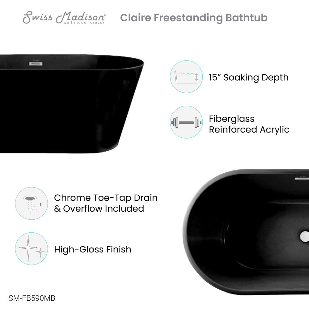 Swiss Madison Claire 60" Freestanding Bathtub in Matte Black SM-FB590MB