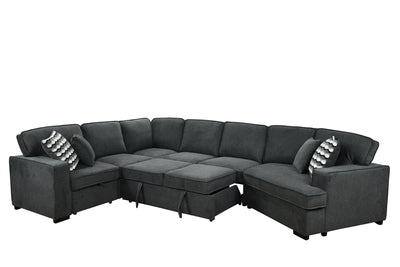 146"Oversized Upholstered Sectional Pull Out Sleeper Bed and Chaise Lounge, U-Shaped Sofa with 2 pull-out bed, 4 Pillows & 2 Cup Holders on Back Cushions for Home, Bedroom, Apartment, Dark Gray