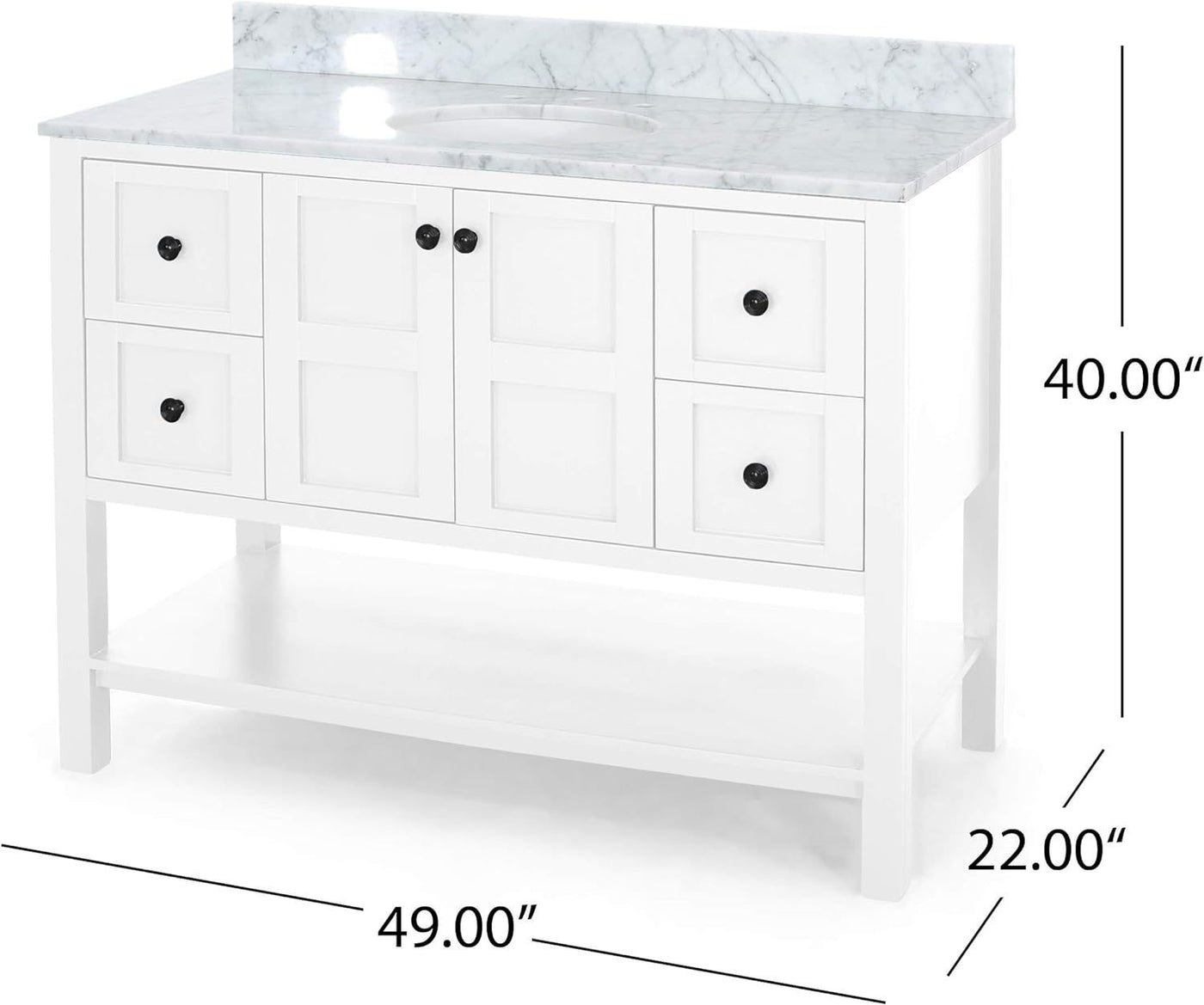 49'' Bathroom Vanity with Marble Top & Ceramic Sink, Two Doors, 4 Drawers, Open Shelf, White