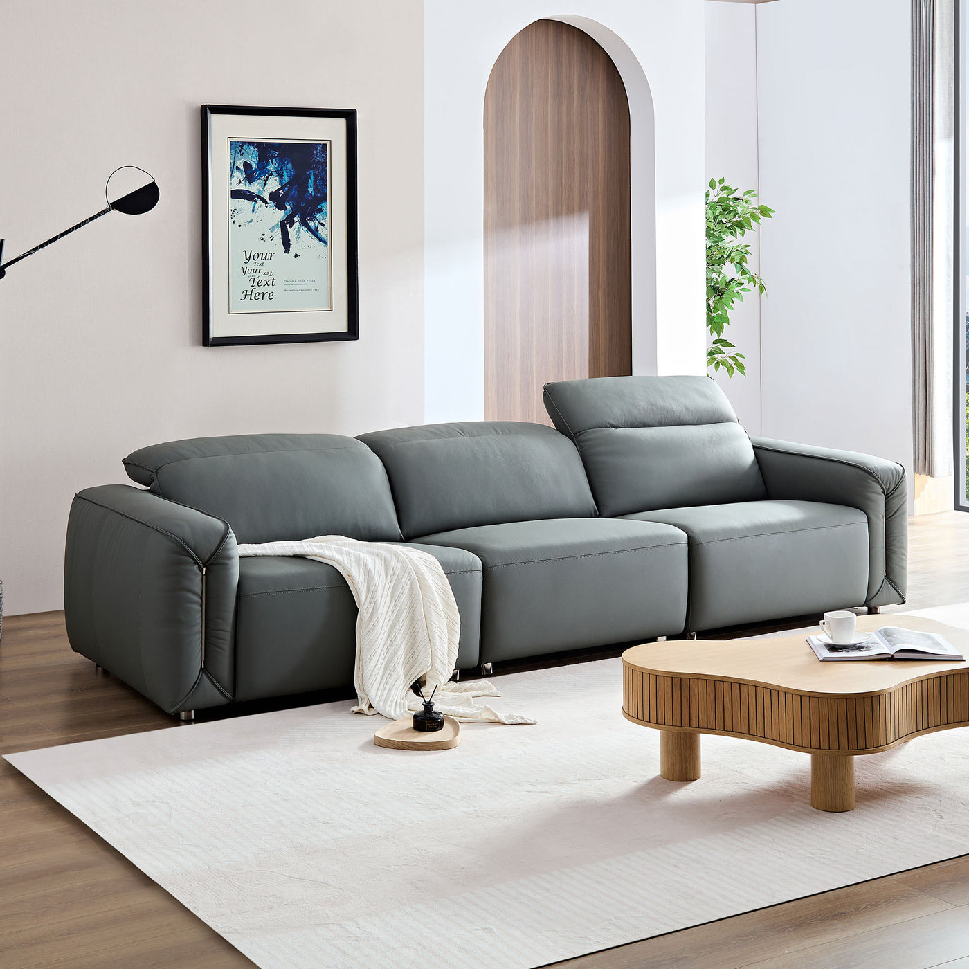 Modern Simple Line Design 3-Seater Leather Sofa for Living Room, Comfy Sofa Couch with Extra Deep Seats,Adjustable Headrests Couch,Blue Grey