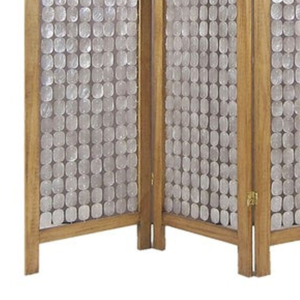 3 Panel Wooden Screen with Pearl Motif Accent, Brown and Silver