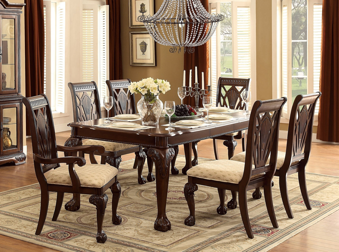 Dark Cherry Finish Formal Dining 7pc Set Table with Extension Leaf 2x Armchairs and 4x Side Chairs Upholstered Seat Traditional Design Furniture