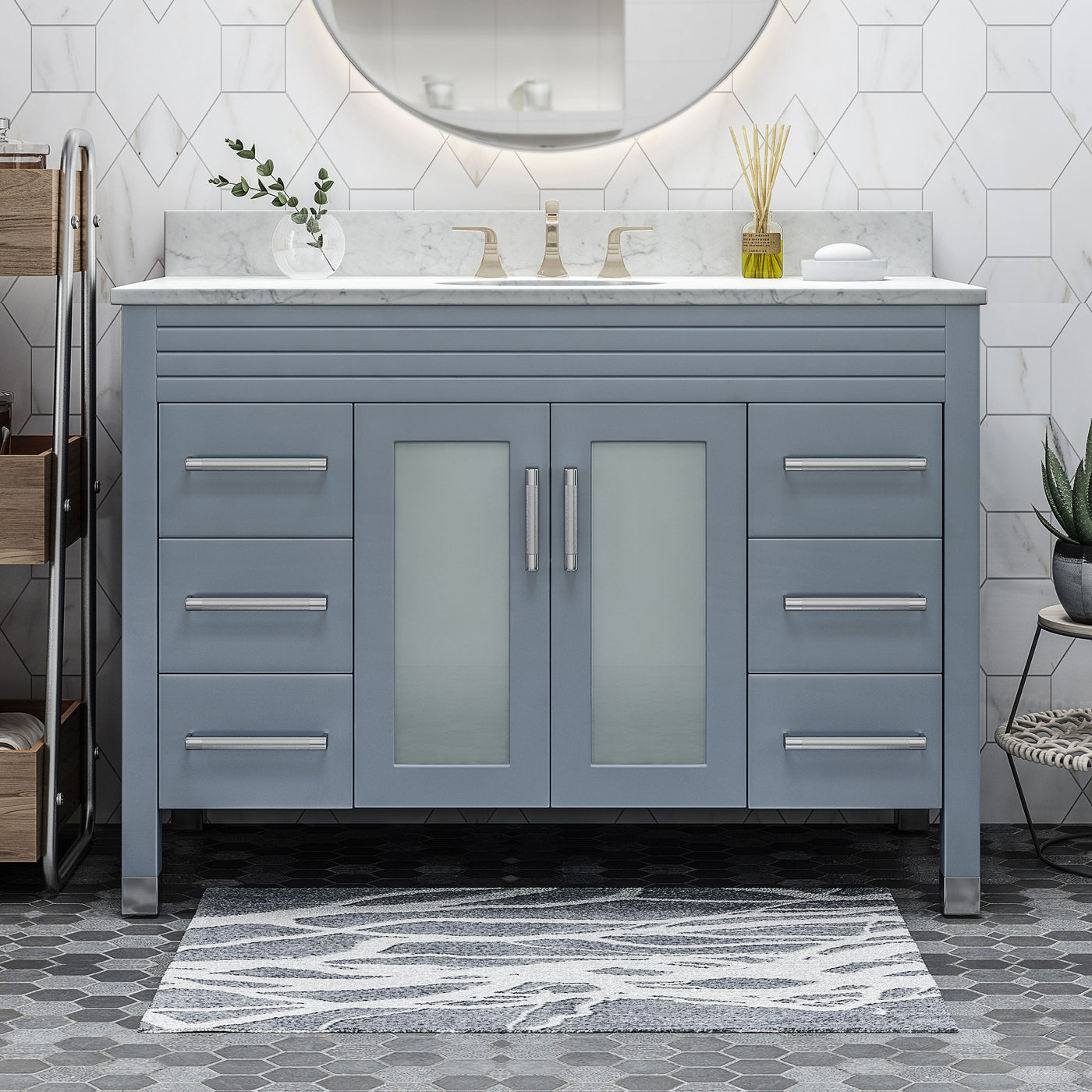 49'' Bathroom Vanity with Marble Top & Ceramic Sink, 2 Doors with Glass, 6 Drawers, Gray