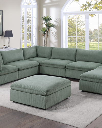 Sage Color 8pc Modular Sectional Set Corduroy Upholstery Couch 3x Corner wedge, 3x Armless Chairs 2x Ottomans Living Room Furniture