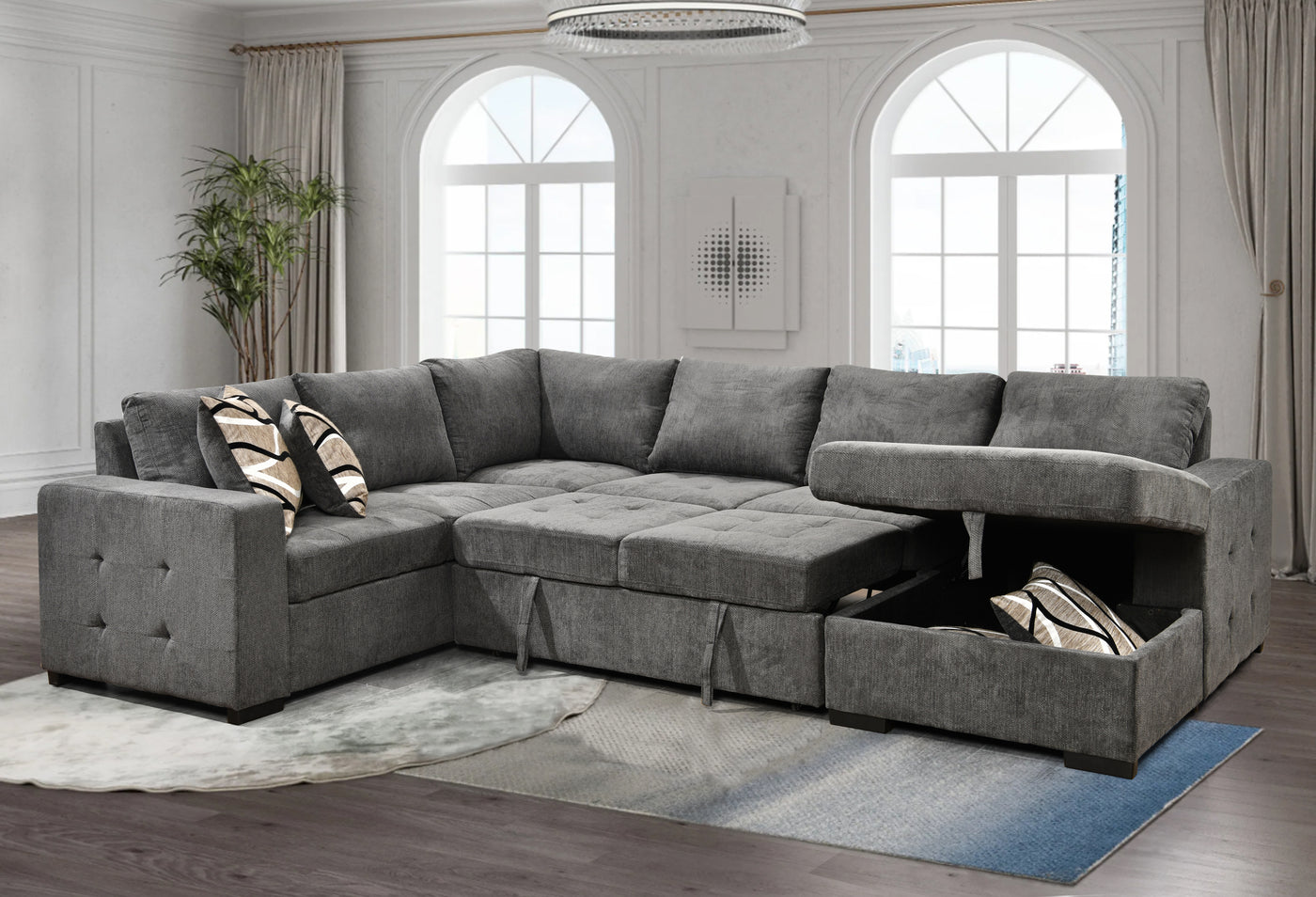 123" Oversized Sectional Sofa with Storage Chaise, U Shaped Sectional Couch with 4 Throw Pillows for Large Space Dorm Apartment. Charcoal Grey