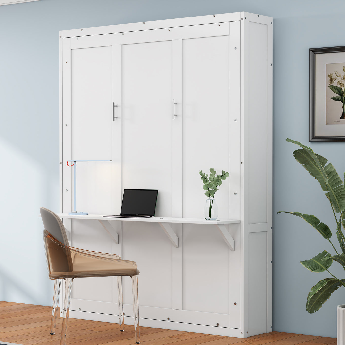 Full Size Murphy Bed with 2 Side Cabinet Storage Shelves, 61.5-inch Cabinet Bed Folding Wall Bed with Desk Combo Perfect for Guest Room, Study, Office,White(old sku:BS400609AAC)