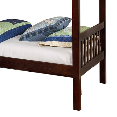 Wooden L Shaped Twin Quad Bunk Bed with Attached Ladder, Brown