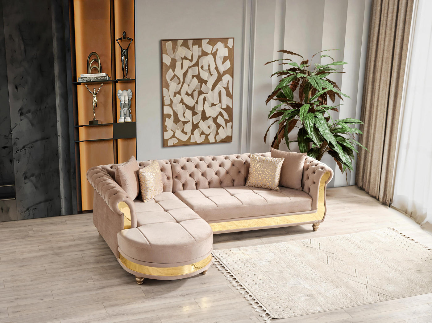 Julia Gold Detailed Tufted Upholstery Sectional made with Wood In Taupe