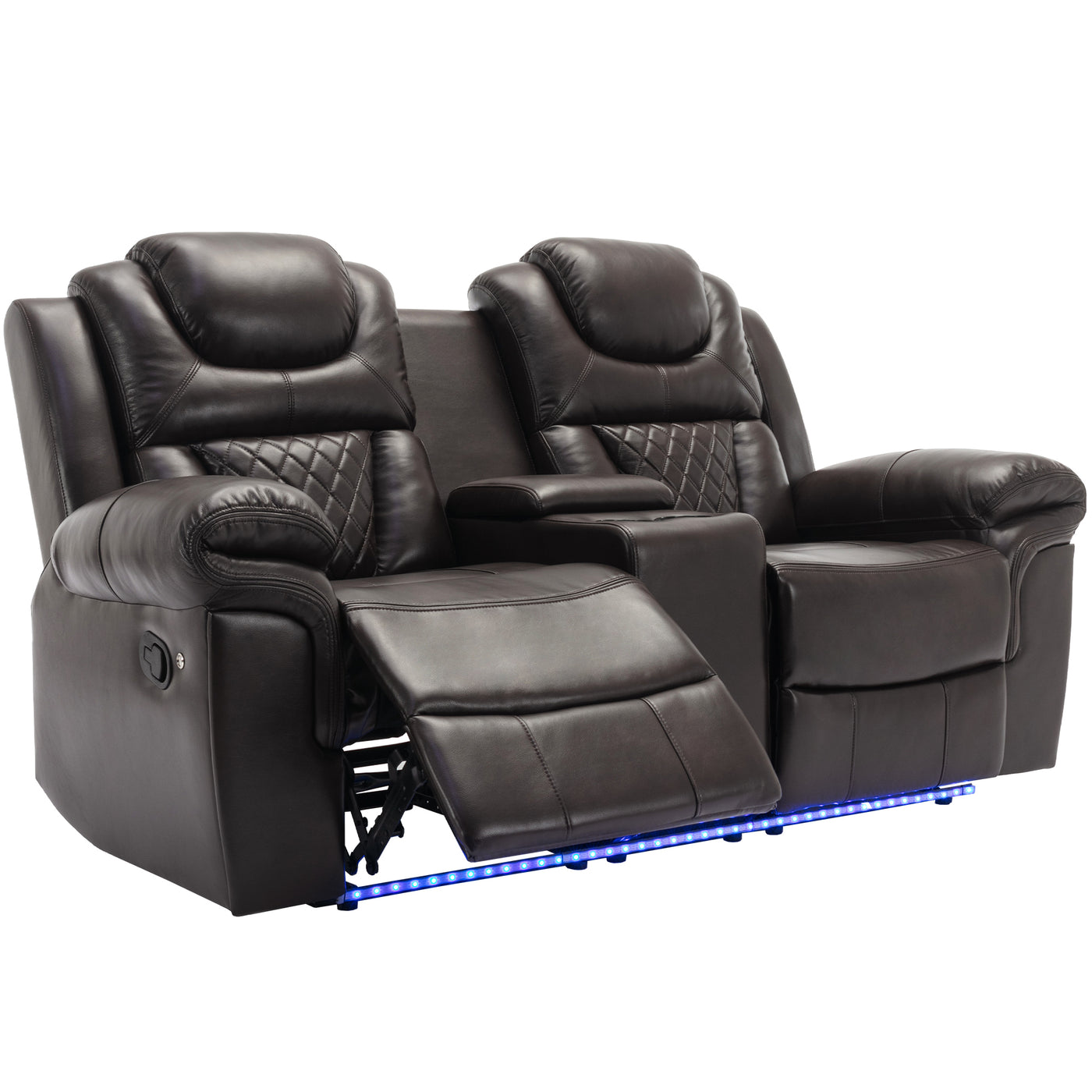 3 Pieces Recliner Sofa Sets Home Theater Seating Manual Recliner Chair with Center Console and LED Light Strip for Living Room, Brown