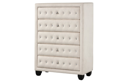 Sophia Crystal Tufted Full 5 Pc Vanity Bedroom Set Made with Wood in Cream