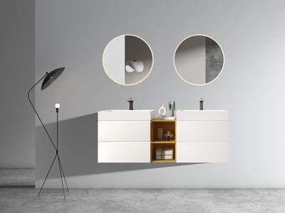 U062-Alice60W-201 Alice 60" White Bathroom Vanity with Double Sinks and Open Shelf, Modern Wall Mounted Floating Bathroom Vanity, One-Piece Sink Basin without Drain and Faucet