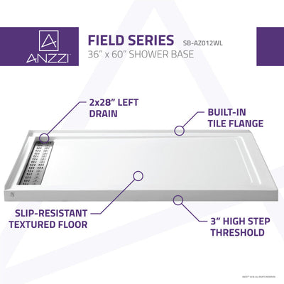 ANZZI Field Series 36 in. x 60 in. Double Threshold Shower Base in White SB-AZ012WL