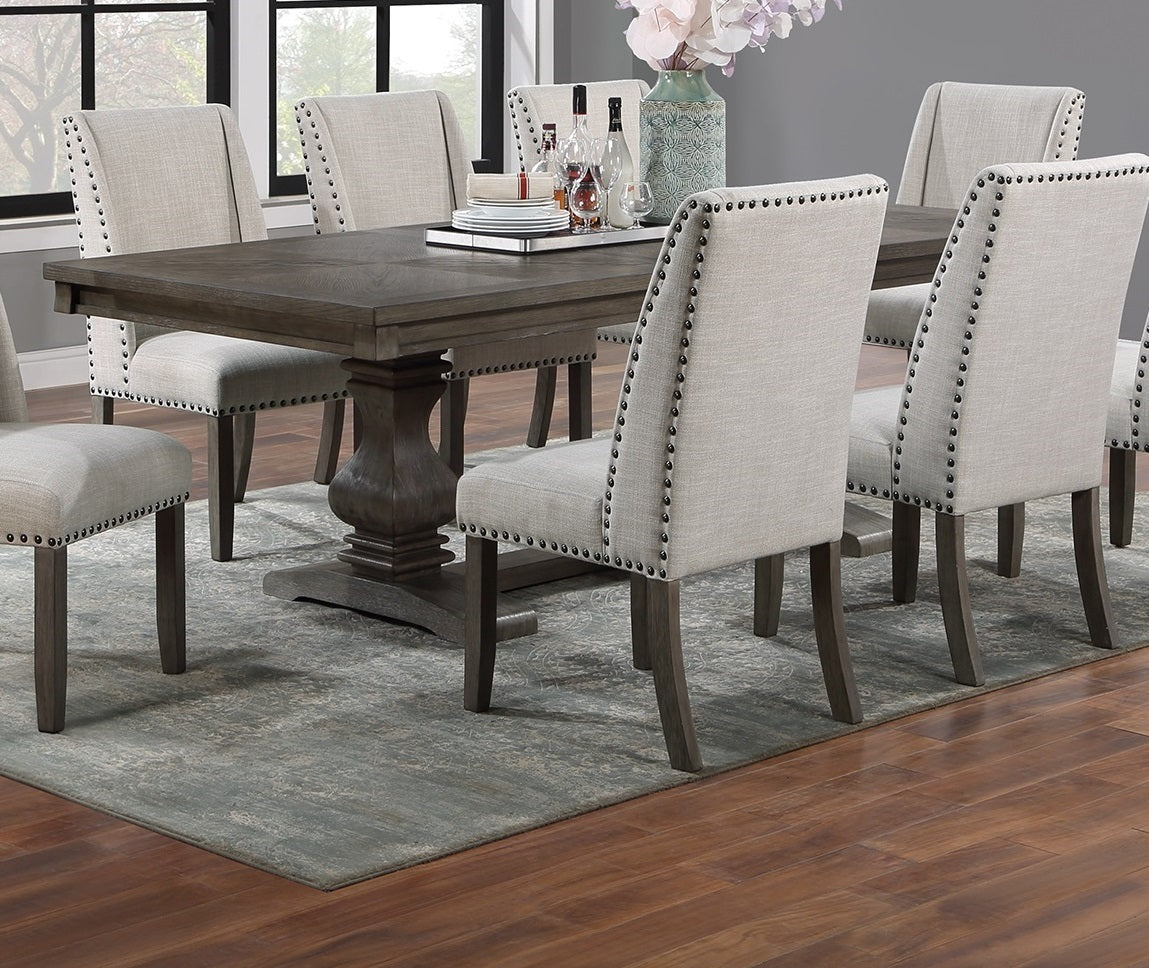 Traditional Formal 9pc Dining Set Table w Leaf 8x Side Chairs Pedestal Base Oak Finish Table Wingback Design Upholstered Cushion Dining Room