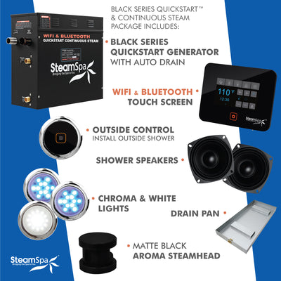 Black Series WiFi and Bluetooth 7.5kW QuickStart Steam Bath Generator Package with Dual Aroma Pump in Matte Black BKT750MK-ADP
