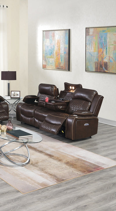 Power Motion Sofa 1pc Contemporary Brown Color Gel Leatherette Storage Arms w Cup Holder Living Room Furniture