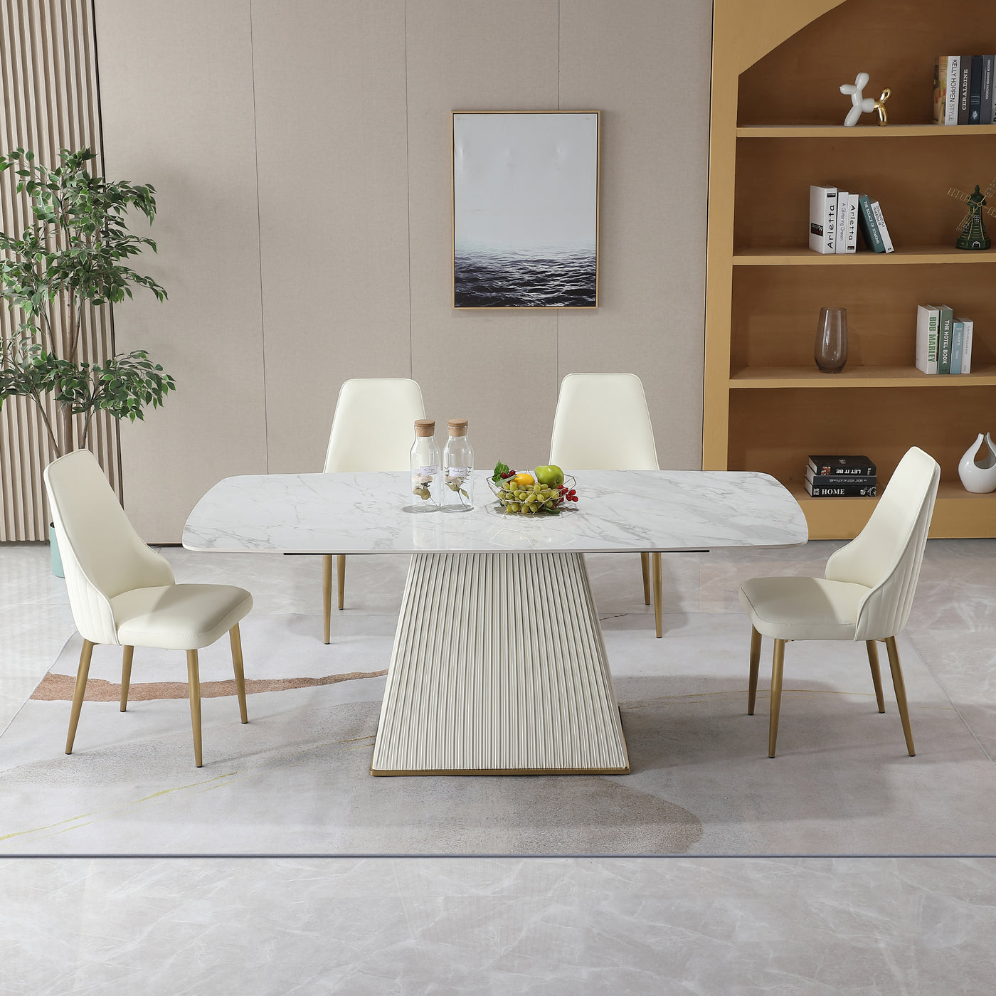 71" Contemporary Dining Table Sintered Stone Square Pedestal Base with 6 pcs Chairs .