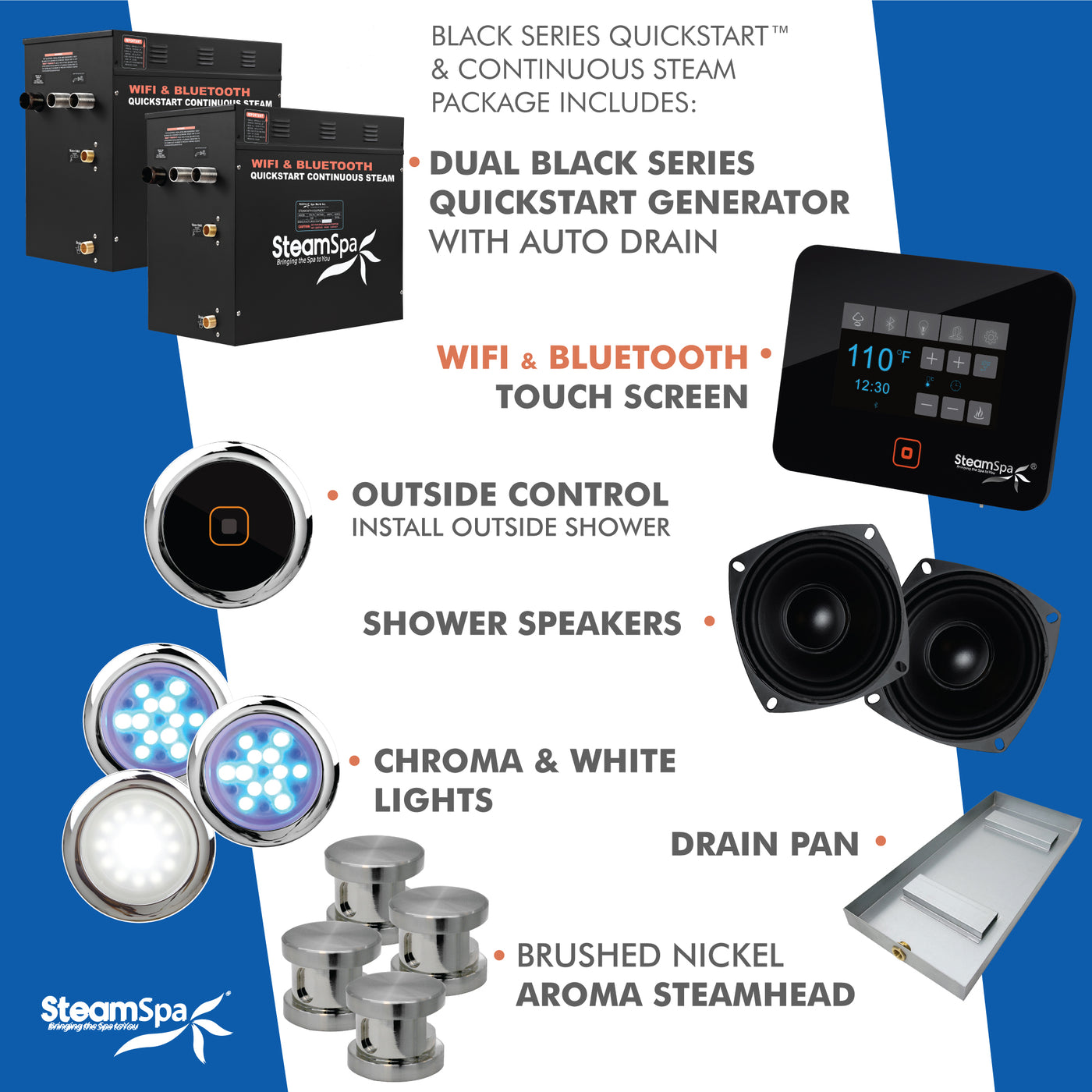 Black Series WiFi and Bluetooth 2 x 12kW QuickStart Steam Bath Generator Package with Dual Aroma Pump in Brushed Nickel BKT2400BN-ADP