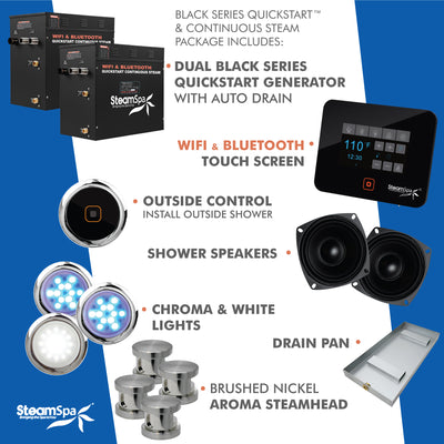 Black Series WiFi and Bluetooth 2 x 10.5kW QuickStart Steam Bath Generator Package w/ Dual Aroma Pump in Brushed Nickel BKT2100BN-ADP