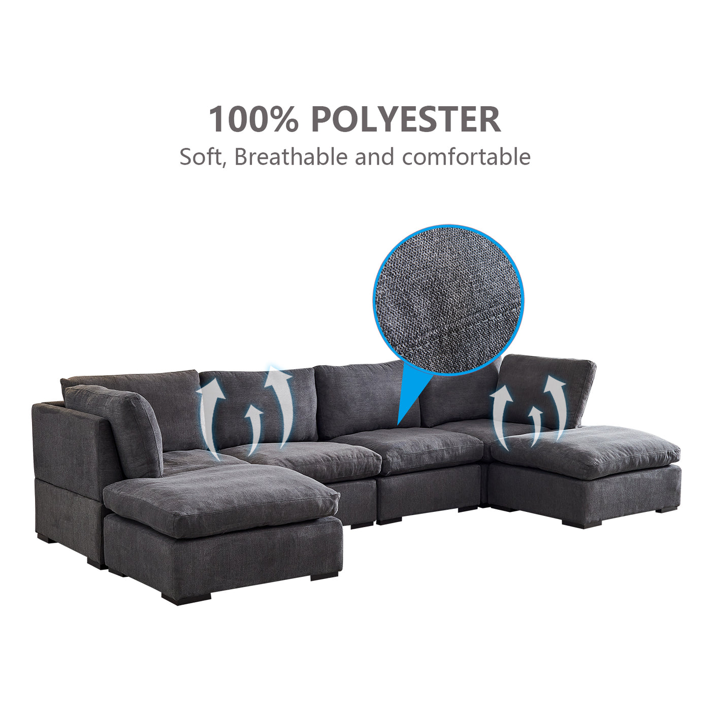 Modular Sofa with Ottoman,Filled with Down ,Soft Linen Fabric,Dark Grey