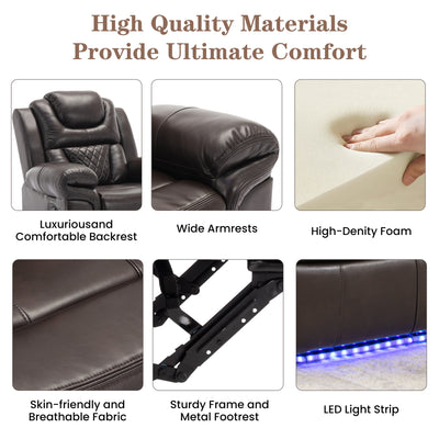 3 Pieces Recliner Sofa Sets Home Theater Seating Manual Recliner Chair with Center Console and LED Light Strip for Living Room, Brown