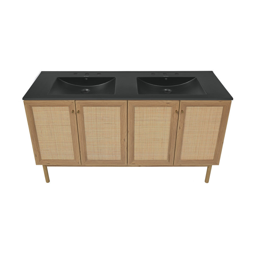 Swiss Madison Classe 60 in. Brown Oak, Double Basin Bathroom Vanity With Black, 3-Hole Artificial Stone Sink Top SM-BV666D-3MB