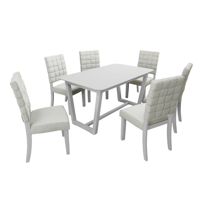 FX-D1 D1DINING SET Include  6*Chair Light Beige ColorLinen & rubber wood White color  legs  And 1*Table  light grey withe color Total 7 pcs