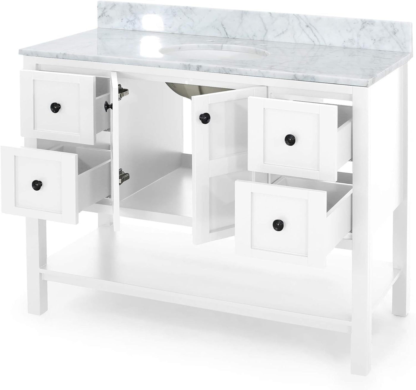 49'' Bathroom Vanity with Marble Top & Ceramic Sink, Two Doors, 4 Drawers, Open Shelf, White