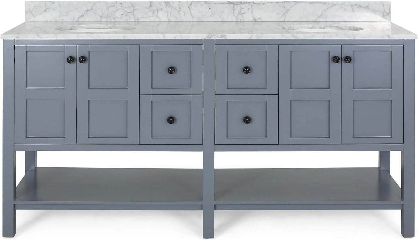 73'' Bathroom Vanity with Marble Top & Double Ceramic Sinks, 4 Doors, 4 Drawers, Open Shelf, Gray