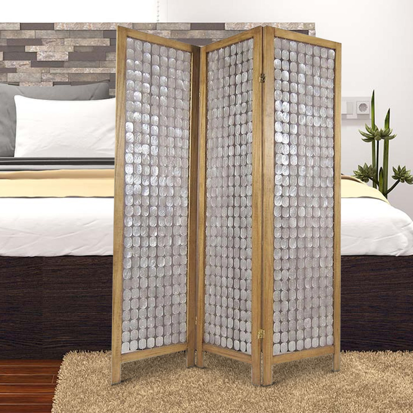 3 Panel Wooden Screen with Pearl Motif Accent, Brown and Silver