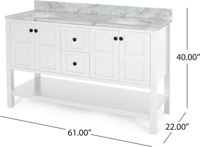 61'' Bathroom Vanity with Marble Top & Double Ceramic Sinks, 4 Doors, 2 Drawers, Open Shelf, White