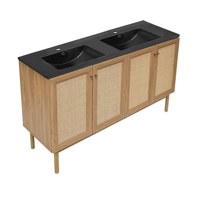 Swiss Madison Classe 60 in. Brown Oak, Double Basin Bathroom Vanity With Black Artificial Stone Sink Top SM-BV666DMB