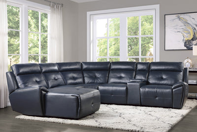 6-Piece Modular Reclining Sectional with Left Chaise Navy Blue Premium Faux Leather Tufted Details Solid Wood Modern Living Room Furniture Plush Pillow-Back Seating