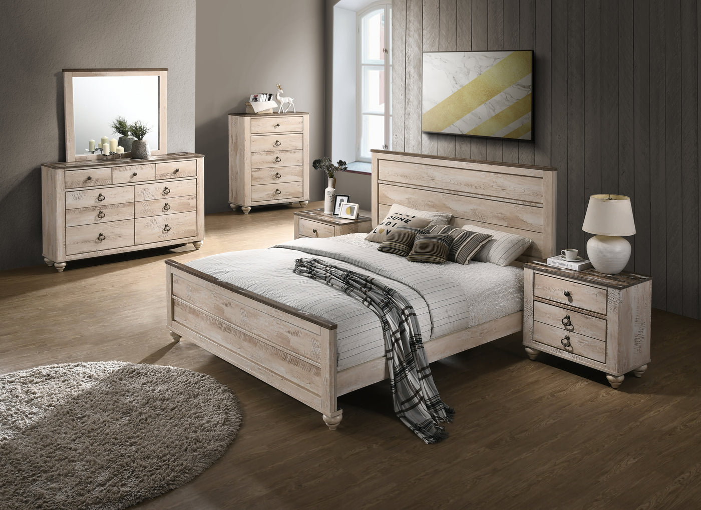 Imerland Contemporary White Wash Finish Bedroom 6-piece Set, Queen Bed, Dresser, Mirror, 2 Nightstands, Chest