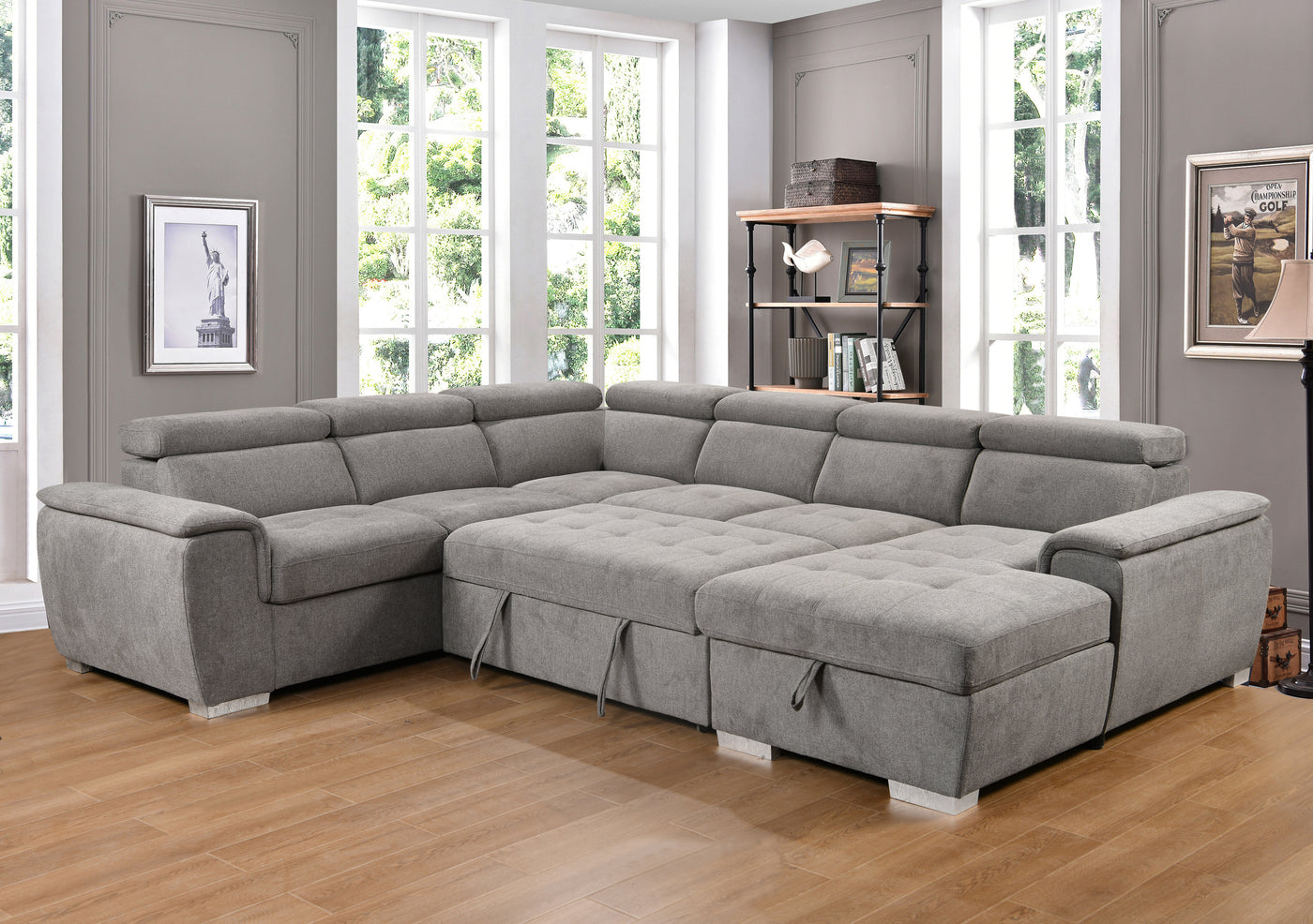 125" Modern U Shaped 7-seat Sectional Sofa Couch with Adjustable Headrest, Sofa Bed with Storage Chaise-Pull Out Couch Bed for Living Room ,Light Gray