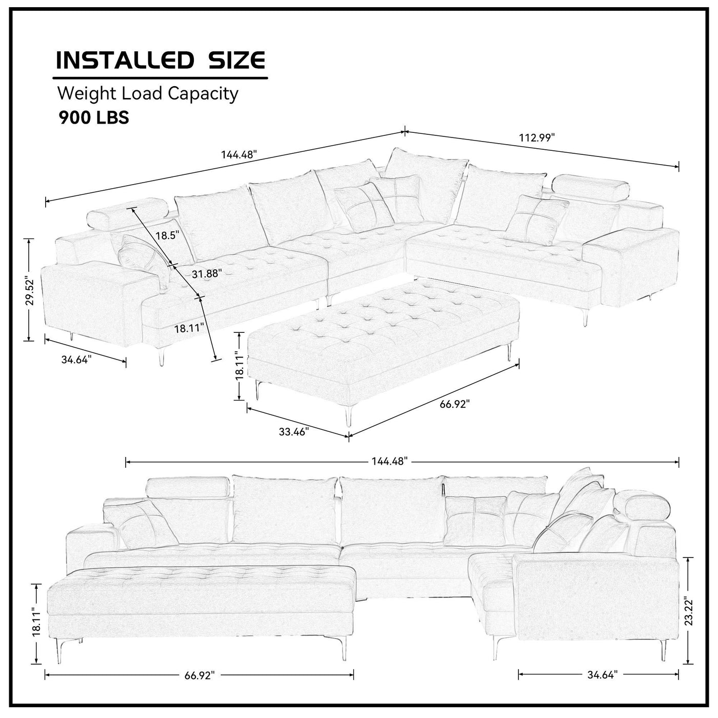 Dark Grey Sectional Sofa Couch,144'' Wide Reversible L-Shaped Sofa Couch Set  with Ottoman for Living Room Apartment Home Hotel