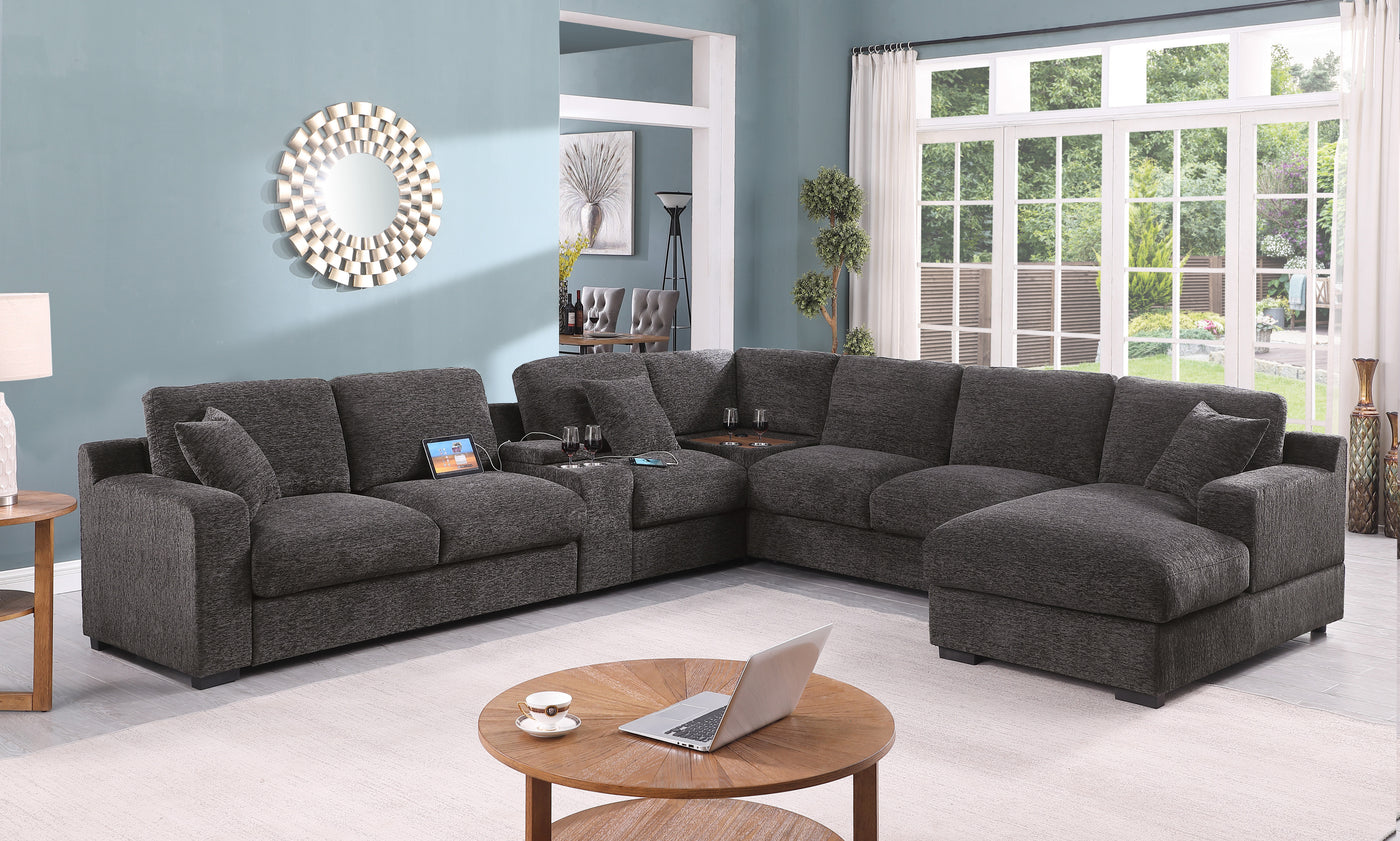 Celine 141.5" Gray Chenille Fabric Corner Sectional Sofa with Right-Facing Chaise, Cupholders, and Charging Ports