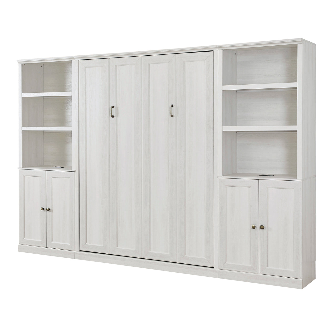 Full Size Half Self-Close and Open Murphy Bed with 2 Side Cabinet Storage Shelf, Cabinet Space-Saving Bed Perfect for Guest Room, Bed Room, Guest Room, Home Office, Rustic White