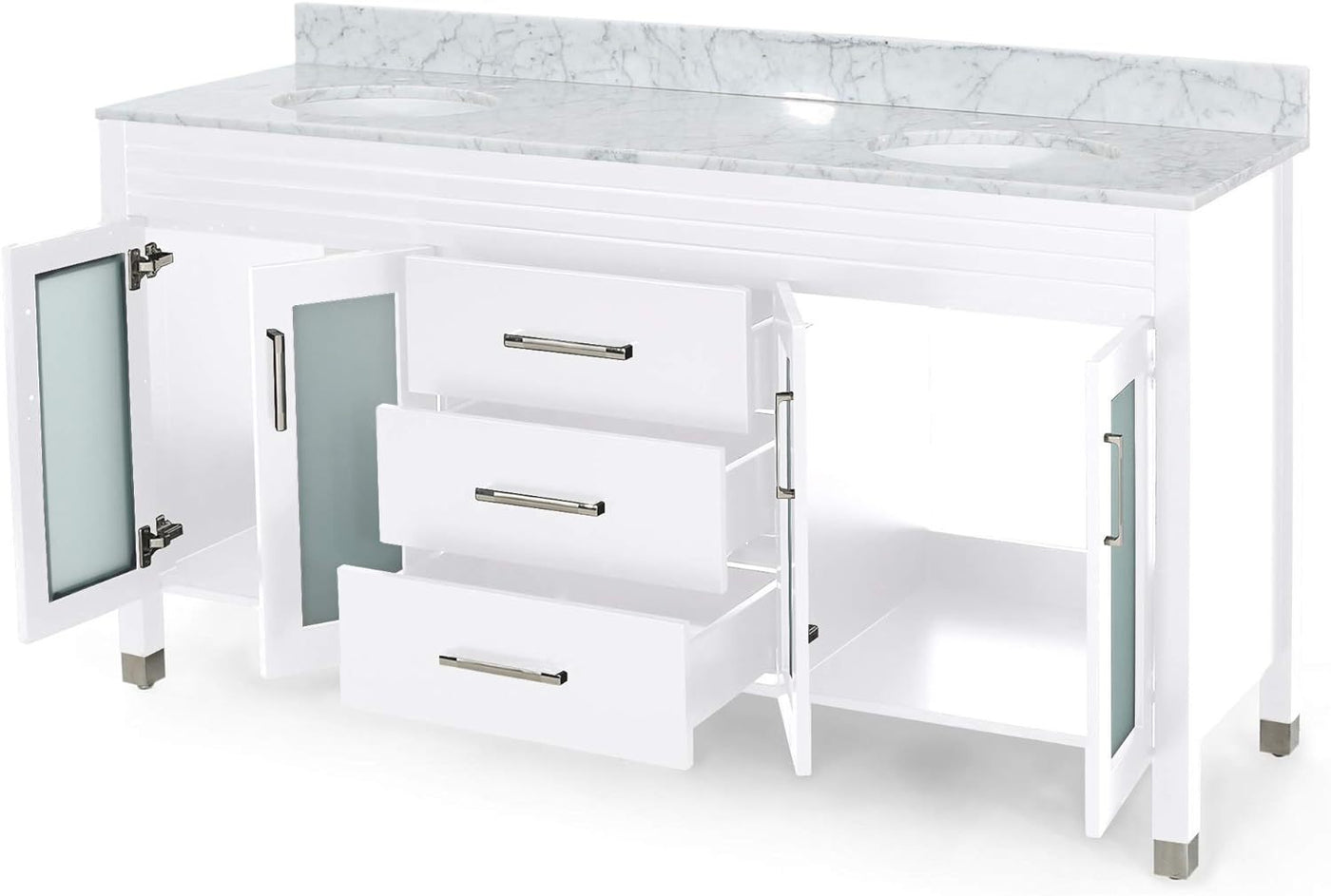 73'' Bathroom Vanity with Marble Top & Double Ceramic Sinks, 4 Doors with Glass, 3 Drawers, White