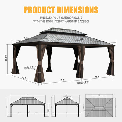 Outdoor Living 14x20FT Hardtop Gazebo, Permanent Metal Gazebo with Galvanized Steel Double Roof and Aluminum Frame, Curtain and Netting, Large Pavilion Gazebo for Patio Deck Garden