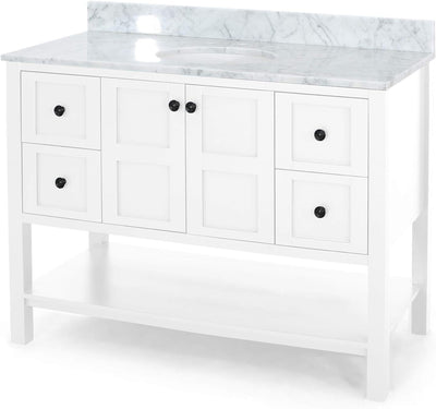 49'' Bathroom Vanity with Marble Top & Ceramic Sink, Two Doors, 4 Drawers, Open Shelf, White