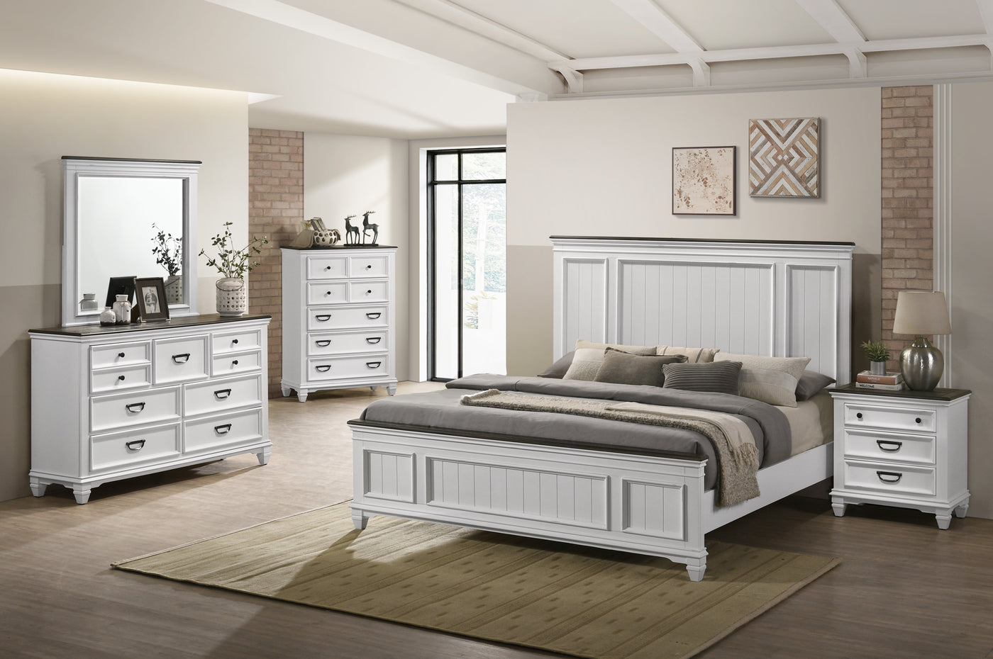 Clelane Wood Bedroom 5 piece Set with Shiplap Panel King Bed, Dresser, Mirror, Nightstand, and Chest